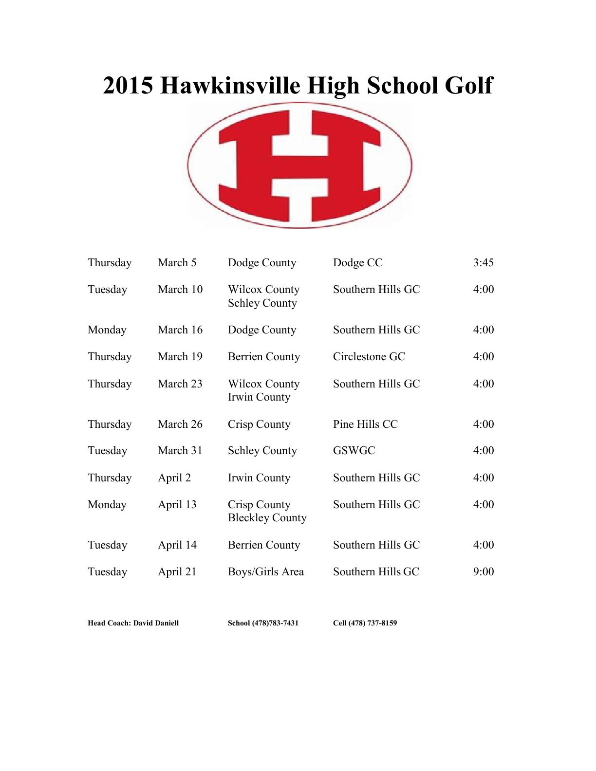 2015 Golf Schedule